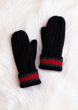 Load image into Gallery viewer, Black with Red/Green Stripe Hat and Mittens
