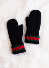 Load image into Gallery viewer, Black with Red/Green Stripe Hat and Mittens