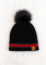 Load image into Gallery viewer, Black with Red/Green Stripe Hat and Mittens