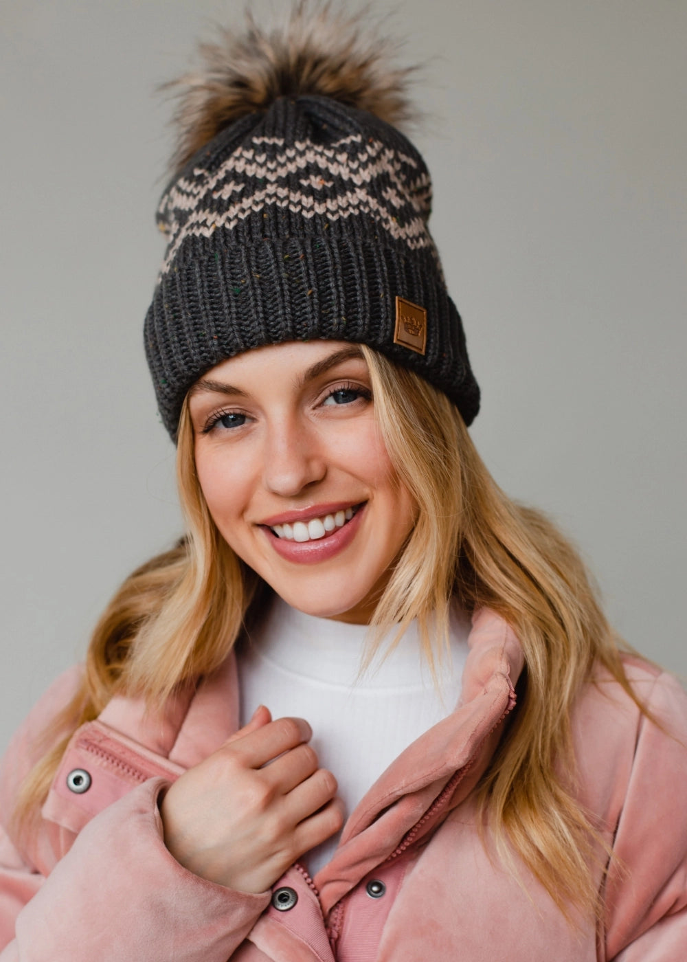 Gray & Speckled Pattern Pom Hat