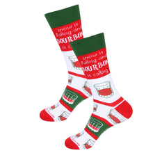 Load image into Gallery viewer, Snow is Falling And Bourbon Is Calling Red/Green/White Socks
