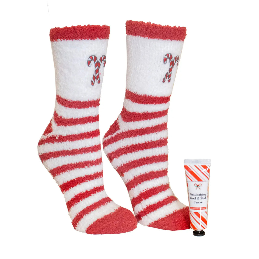 Fuzzy Candy Cane Socks & Lotion Set