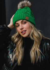 Bright Green Cable Knit Pom Hat