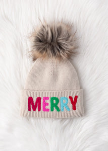 Beige Merry Knit Pom Hat