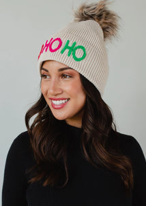 Beige Ho Ho Ho Knit Pom Hat