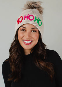 Beige Ho Ho Ho Knit Pom Hat