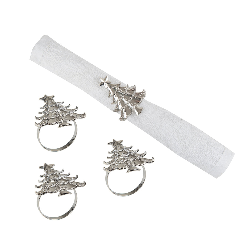 Silver Christmas Tree Napkin Rings Set/4