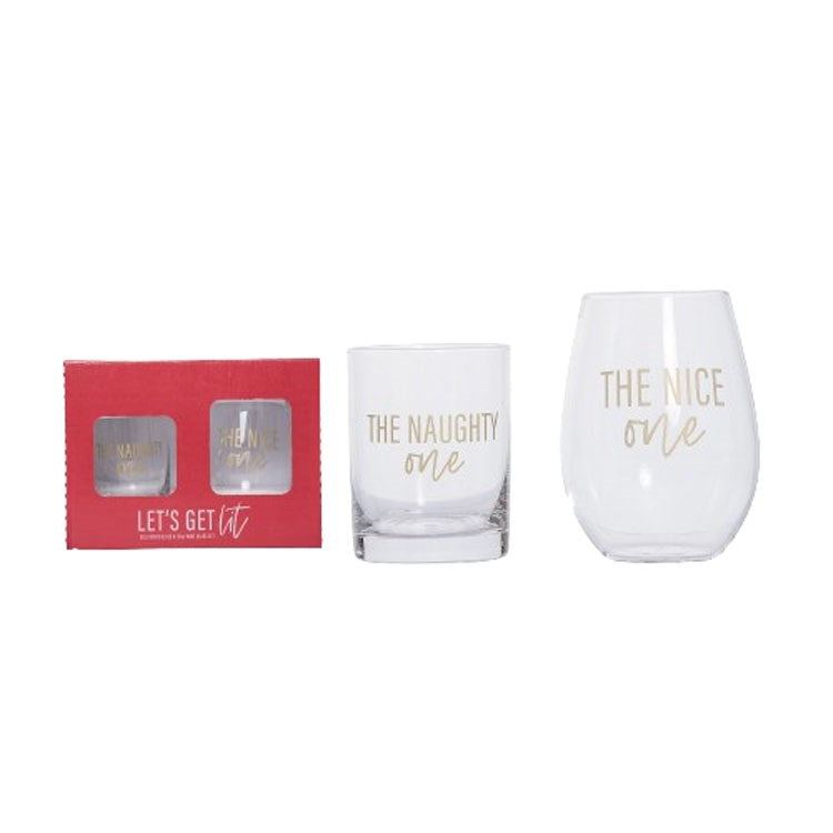 Naughty/Nice One Boxed Wing and Rocks Glass Set