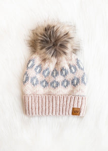 Pink & Gray Pattern Pom Hat