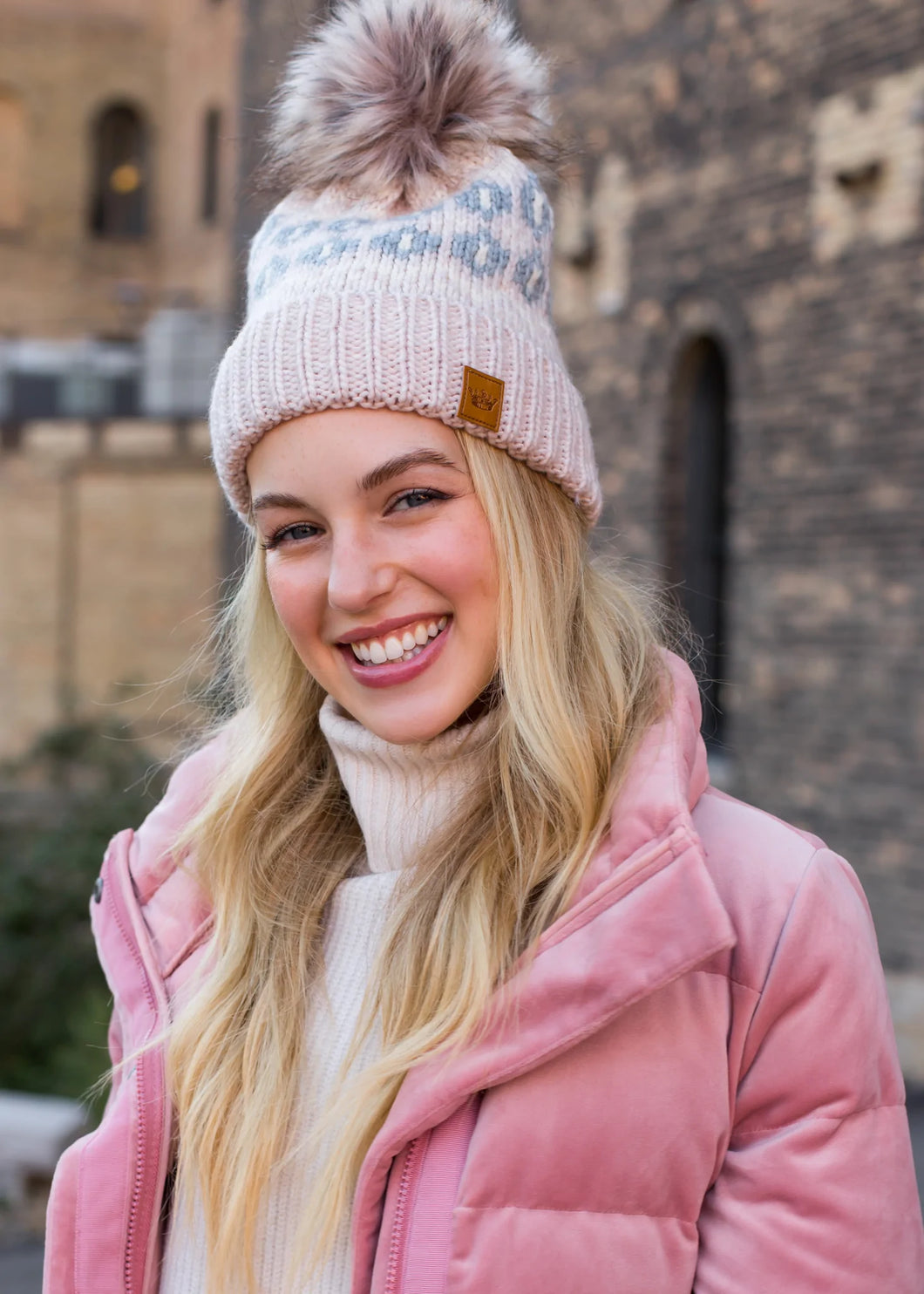 Pink & Gray Pattern Pom Hat