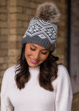 Load image into Gallery viewer, Gray &amp; White Snowflake Pom Hat
